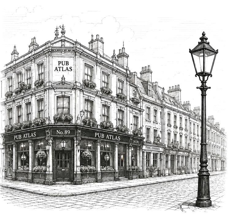 Line illustration of a London pub on a street corner